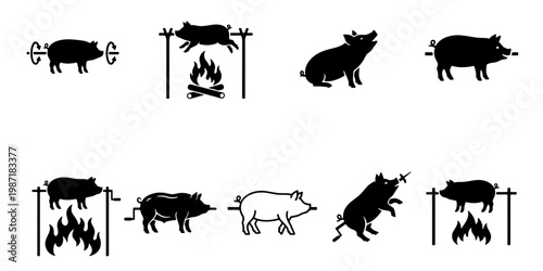 Roasted pig silhouette icons, set of 9 spit roast pork vectors, barbecue hog roast symbols for restaurant menus and butcher shop branding