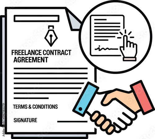Freelance Contract Agreement Signing, Handshake, Digital Signature