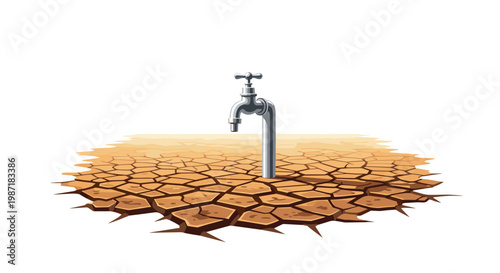 A metallic water faucet sits isolated in the middle of a small patch of severely cracked and dry earth surrounded by a clean bright white background.