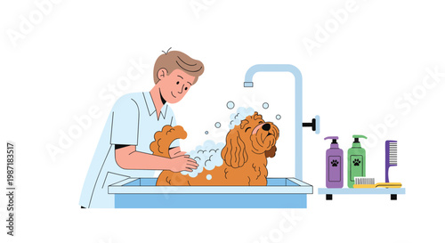 A professional groomer in a white uniform carefully washes a small brown curly dog in a blue sink filled with soap bubbles and various grooming tools.