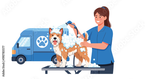 A female groomer wearing a blue uniform sprays water on a dog covered in soap suds while standing next to a blue grooming van on a white background area.