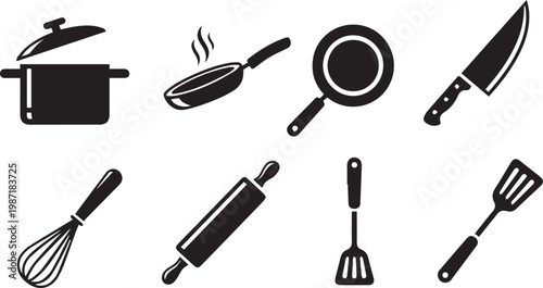Kitchen Utensils and Cookware Icon Set Black Vector Silhouettes