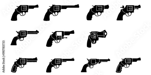 Revolver handgun silhouette collection, 11 black pistol vector icons, classic firearm and weapon set for security and law enforcement graphics
