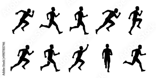 Athletic running man silhouettes, set of 10 male runner vector icons, sprinting and jogging athlete figures for sports and fitness design