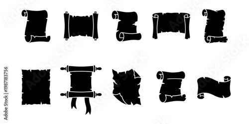 Vintage paper scroll silhouettes, set of 10 antique parchment vector icons, medieval document and manuscript shapes for graphic design