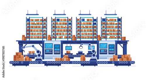 Automated industrial warehouse facility features robotic arms moving cardboard boxes along efficient conveyor belts under bright cool blue lighting tones.