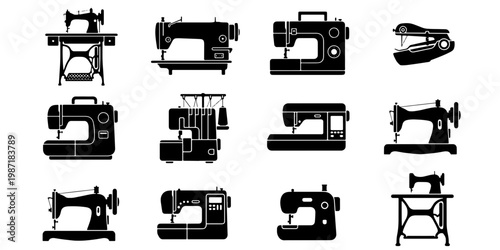 Vintage and modern sewing machine silhouettes set, 12 black vector icons of tailoring equipment, antique and electric dressmaking tools