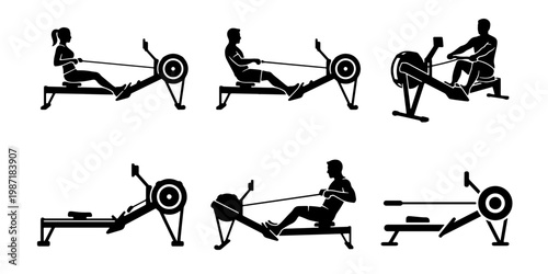 Rowing machine workout silhouettes, 6 gym exercise icons, black fitness equipment vector set, indoor rowing athlete training graphics