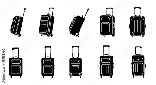 Collection of black silhouette luggage bags on white background.