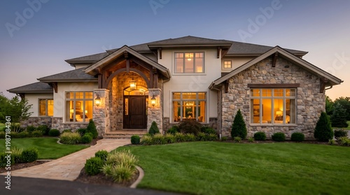 Beautiful luxury home exterior at twilight featuring stone accents, warm window lighting, and professional landscaping. Modern suburban house with stone pillars, arched entryway, and lush green lawn.