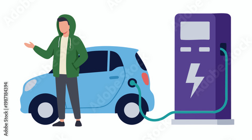 Man presenting electric car charging at a public EV station