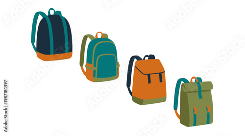 Four colorful backpacks in row.