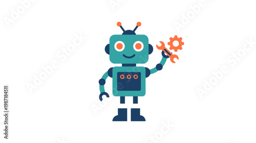 Smiling Robot Holding Orange Gear.