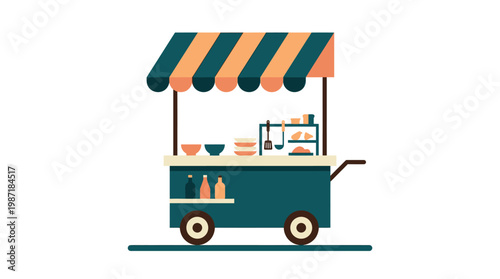 Colorful food cart with awning.