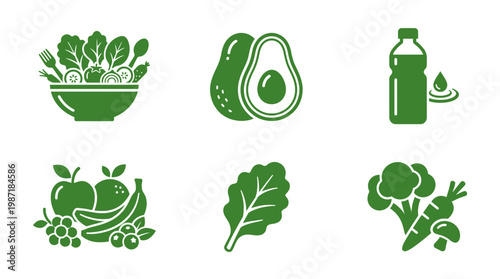 Green icons of healthy food items.