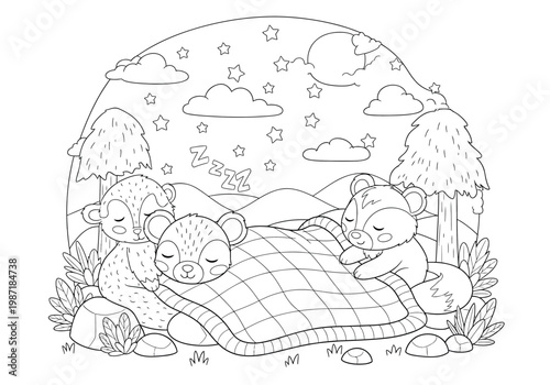Cute sleeping animals coloring page for kids, featuring a bear and a raccoon tucked under a blanket in a starry night forest scene
