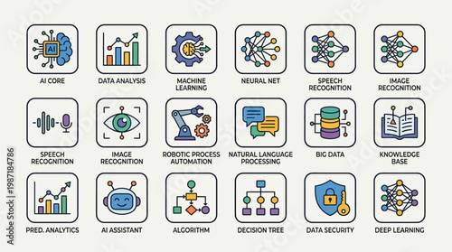 Collection of data science icons.