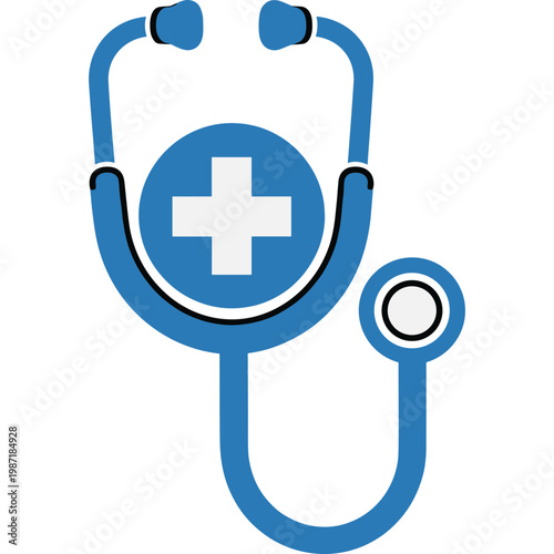 A medical professional uses a stethoscope with a blue and white design in a clinical setting.