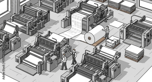 Industrial printing press machines in a factory setting.