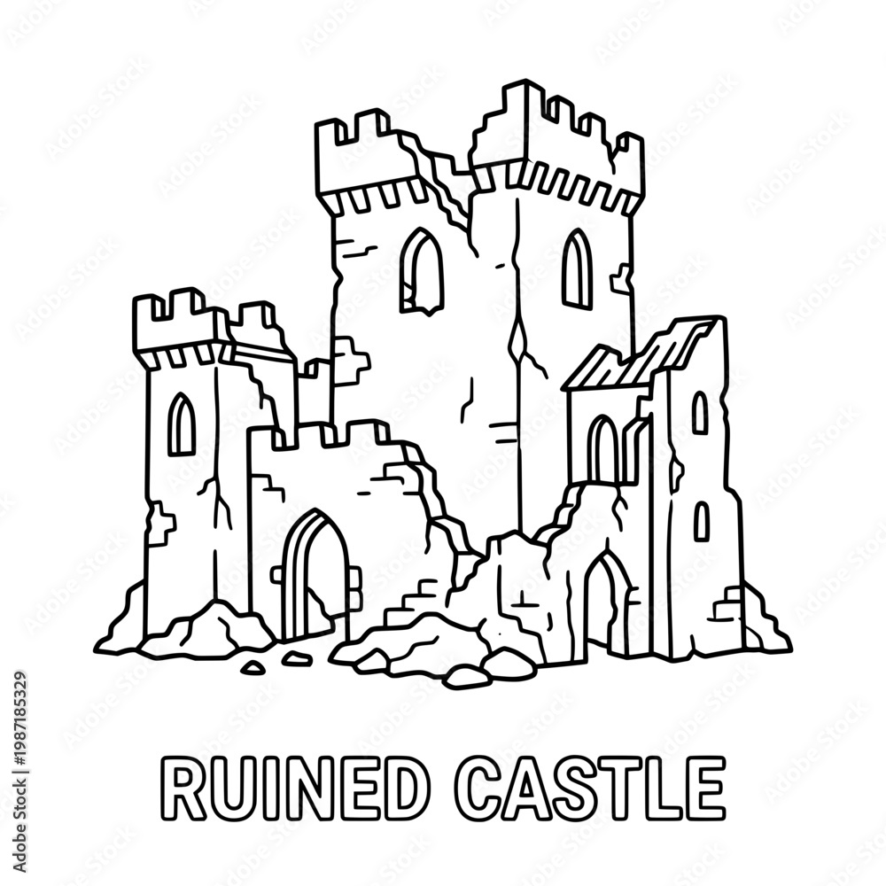 Obraz premium Detailed Black and White Illustration of a Ruined Medieval Castle.