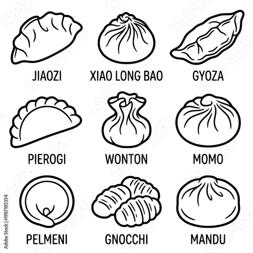 Delicious Dumplings Collection Jiaozi Xiao Long Bao Gyoza Pierogi Wonton Momo Pelmeni Gnocchi Mandu.