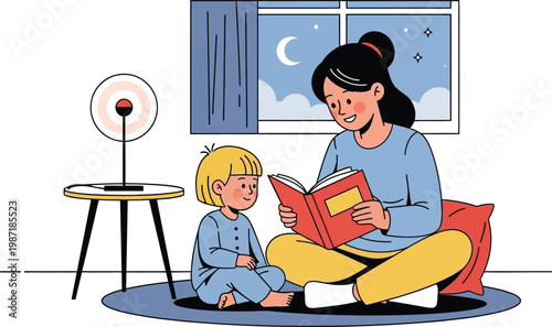 Mother reading bedtime story to child, cozy evening, night window view