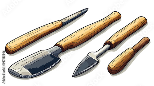 Hand-drawn illustration of wood carving tools with wooden handles and metal blades