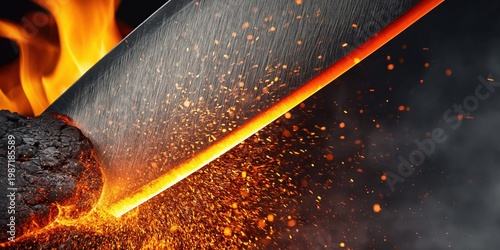 Extreme close-up of a chainsaw blade undergoing quench hardening with intense heat and sparks