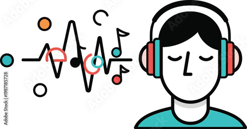 Person Listening to Music with Sound Waves and Notes Illustration