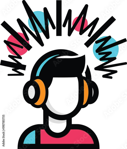 Man Listening to Music with Headphones, Sound Waves and Colorful Dots