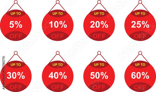 Set of eight red round discount tags with percentages from five to sixty percent off for retail sales promotion marketing material.
