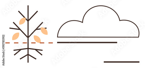 Nature, seasons, environment, sustainability, weather, eco-friendly design. A minimalistic tree with falling leaves and a cloud in linear style. Nature and seasons in minimal design