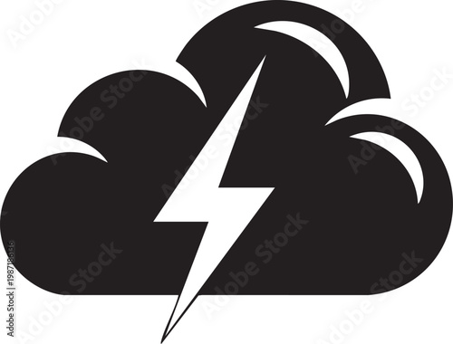 Weather, stormy cloud, lightning bolt, vector icon, black and white