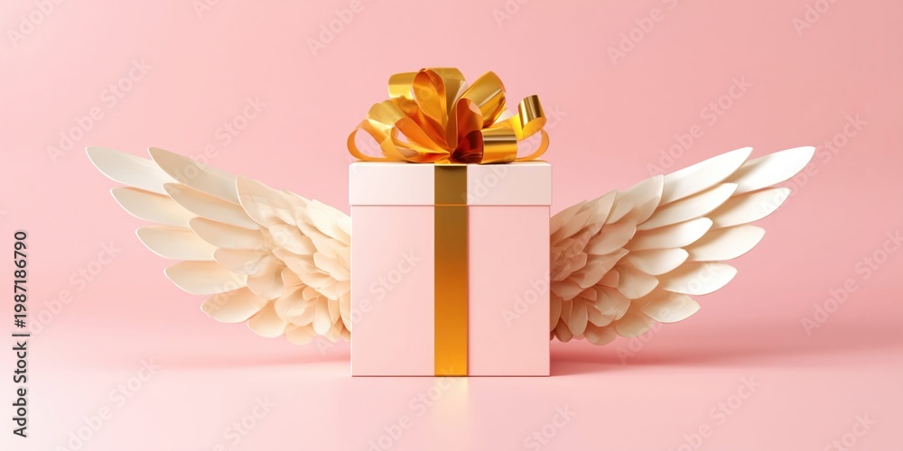 Fototapeta premium Pastel pink gift box with golden ribbon and delicate angel wings