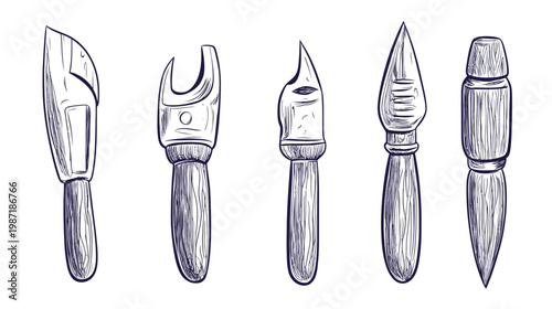 Illustration featuring five different hand-drawn tools with varying blade shapes and wooden handles