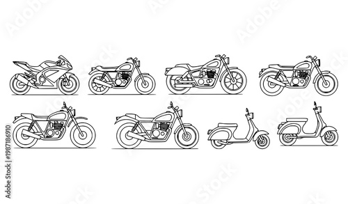 Motorcycle line art vector set with minimalist bike silhouettes including sport cruiser cafe racer and dirt bike designs