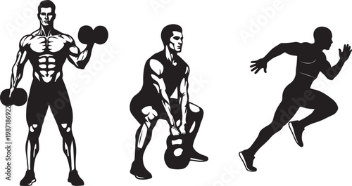 Black silhouette of a muscular man lifting a dumbbell and a woman holding dumbbells black and white fitness