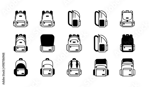 Minimal backpack icon set with line art style and subtle color accents for modern bag design collection