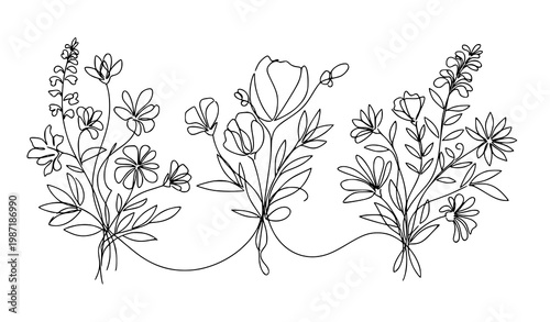 Floral garden wreath line art vector with decorative flower arrangements and minimal color botanical design