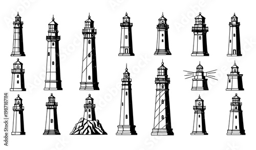 Detailed lighthouse line art vector set with coastal tower designs and architectural maritime illustrations