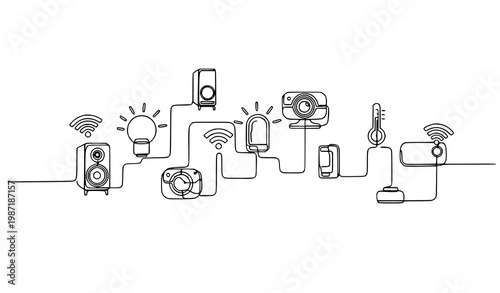 Continuous line smart home illustration with connected IoT devices and modern automation concept vector design
