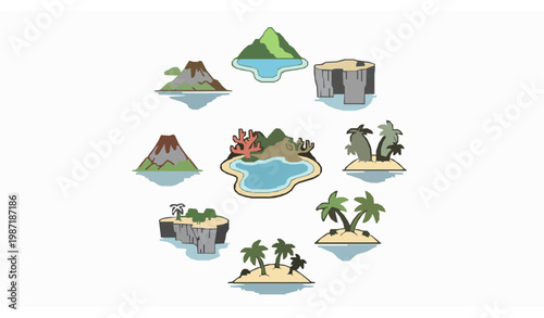 Island line art icon set with detailed coastal landscape designs and minimal color tropical scenery vector collection