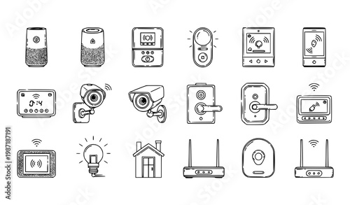Smart home devices line art vector set with modern IoT gadgets and connected technology illustration collection