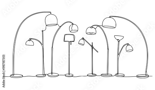 Continuous line floor lamp illustration with abstract modern lighting designs and elegant interior decor concept vector
