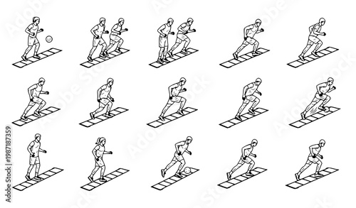 Speed ladder training line art vector set with agility drills and athletic footwork exercise illustrations collection