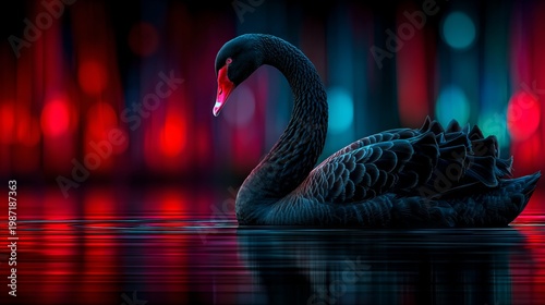 Black swan with effectful light in the background.