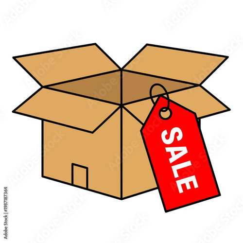 Open cardboard box with sale tag.