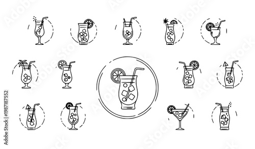 Continuous line cocktail illustration with abstract bar drinks lemon garnish and elegant minimalist beverage design vector