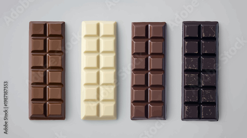 Four chocolate bars of different types, in various shades of brown and cream, on a grey background