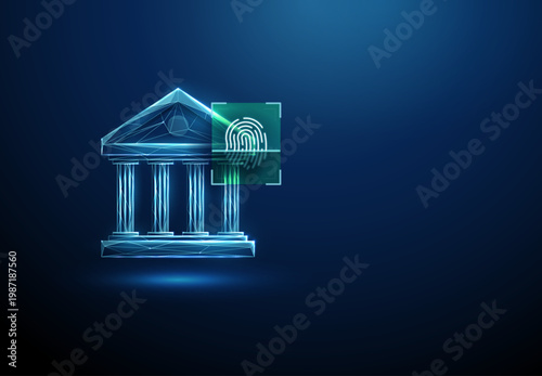 3d blue bank icon with fingerprint inside scanning frame. Secure banking authentication, biometric verification, identity recognition, mobile banking security concept.